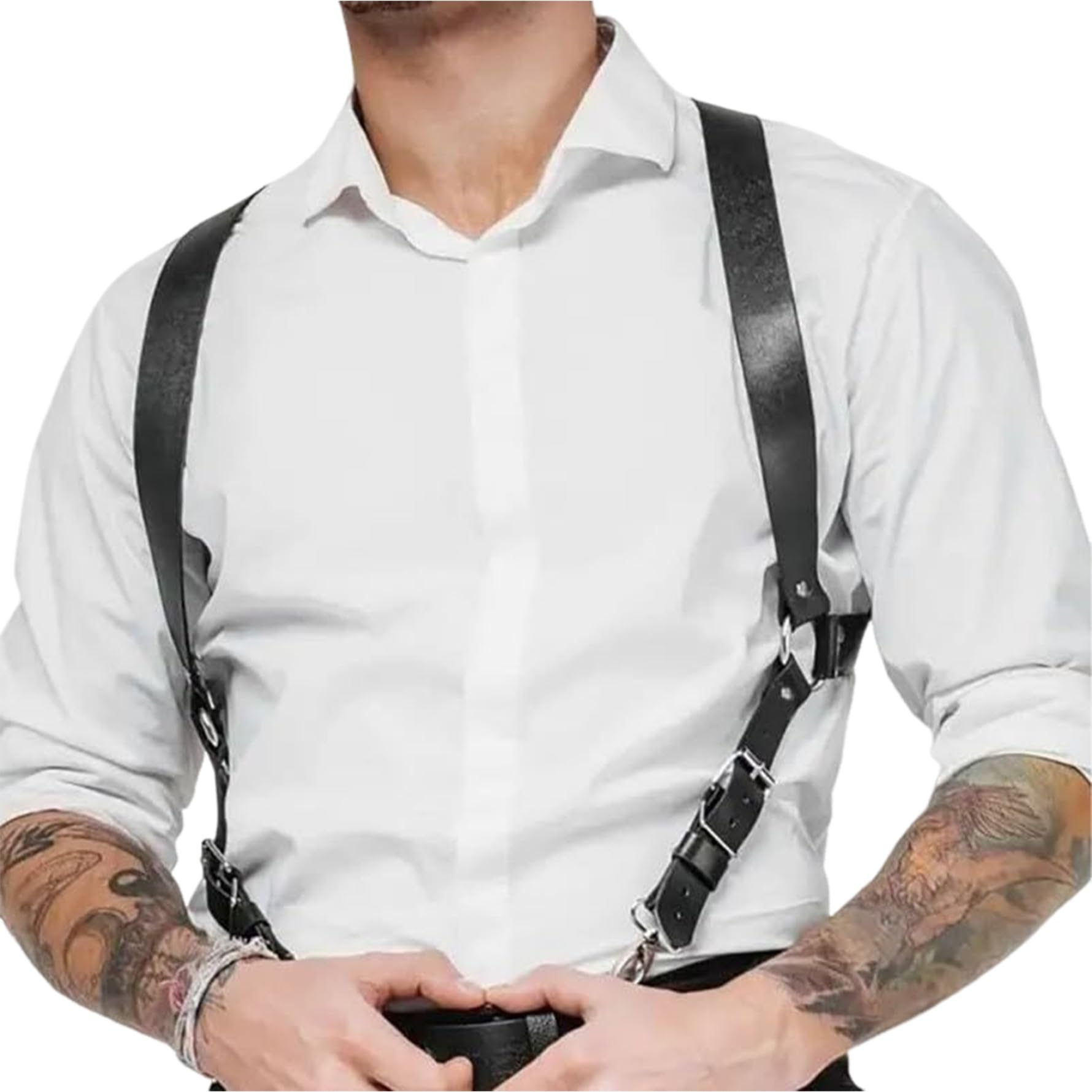 Imbracatura da uomo Imbracatura toracica regolabile sexy Pelle PU nera con clip Corpo resistente per camicie da uomo, spettacoli in discoteca e altro, Pelle