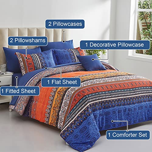 Image of Cottolester Boho Comforter Set Queen Size 8 Piece Bed in a Bag Burnt Orange Paisley Fall Comforter and Sheet Set Bohemian Striped Bedding Set,Soft Microfiber Complete Bedding Set