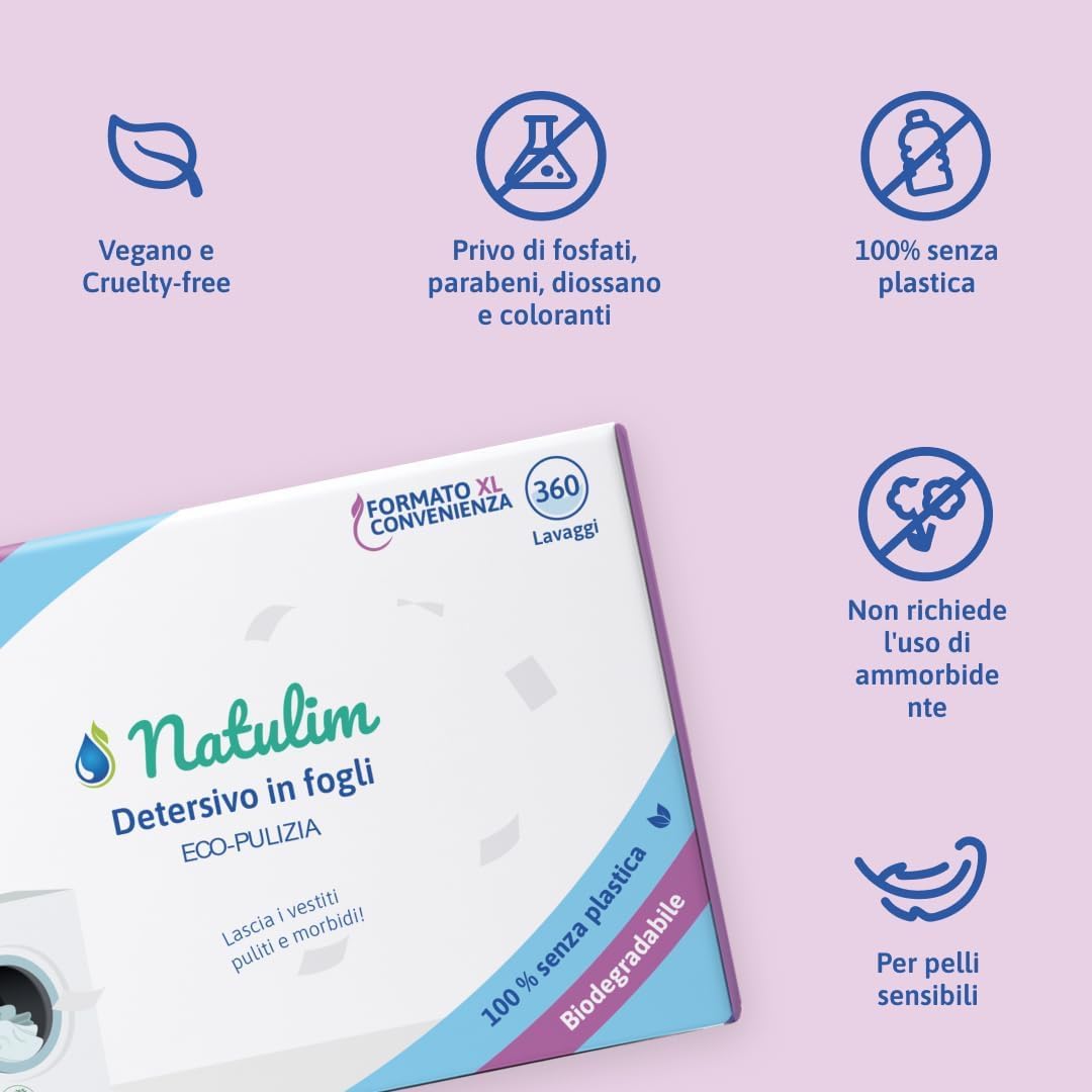 Natulim - Detersivo in Strisce per Lavatrice (360 lavaggi) - Include Effetto Morbidi, Ecologico, Anallergico, Zero Waste, Made in EU - Set Pulito Senza Sporcare il Pianeta (Senza Fragranza)