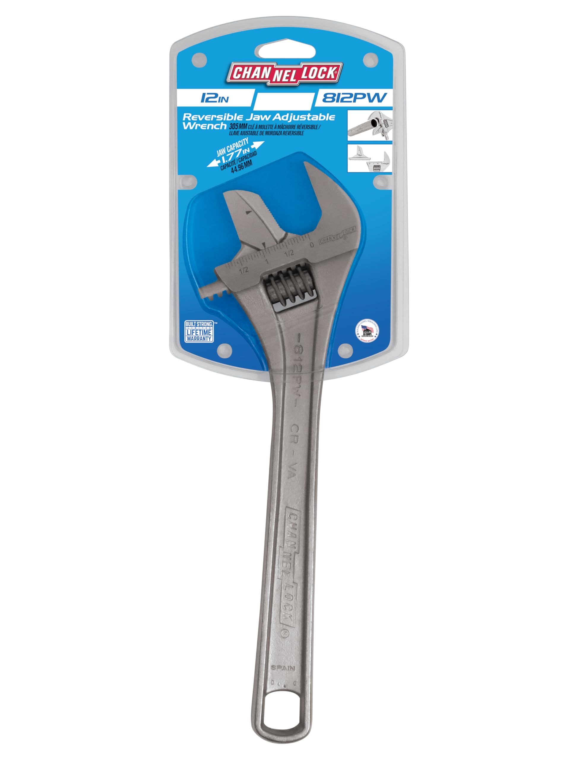 Channellock 812PW 12" Reversible Jaw Adjustable Wrench/Pipe Wrench, Chrome