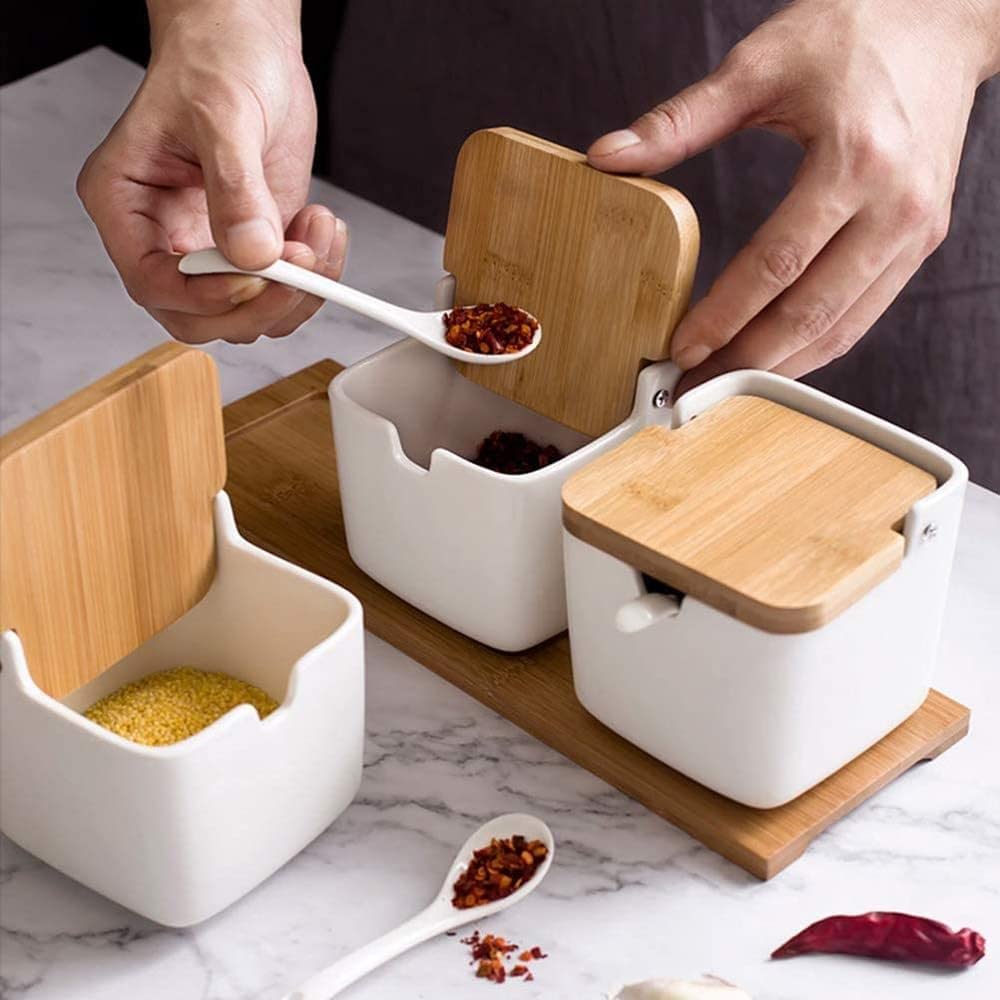 Creativity Barattoli per spezie in Ceramica Zuccheriera Contenitori per Alimenti con Cucchiaio e Coperchio in Legno per Cucina Domestica-Singolo