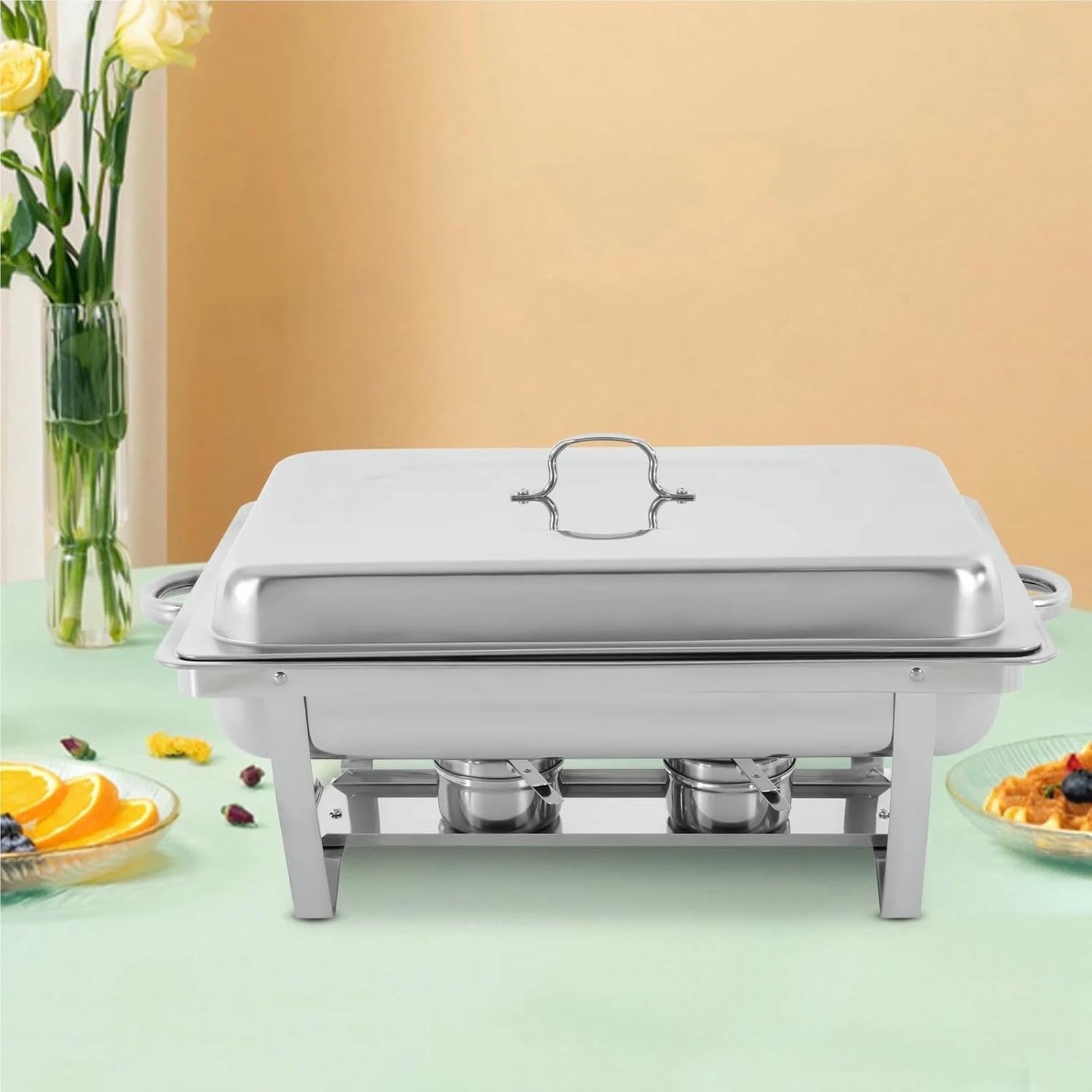 Set scaldavivande a 3 scomparti in acciaio inox, scaldavivande con combustibile solido alcolico, per feste, eventi, catering e buffet, supporti eleganti e durevoli
