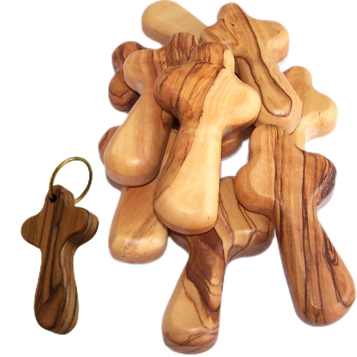 Holy Land Market Olive Wood Pocket Crosses 2.75 Inches - 10 Small Wooden Crosses & 1 Keychain