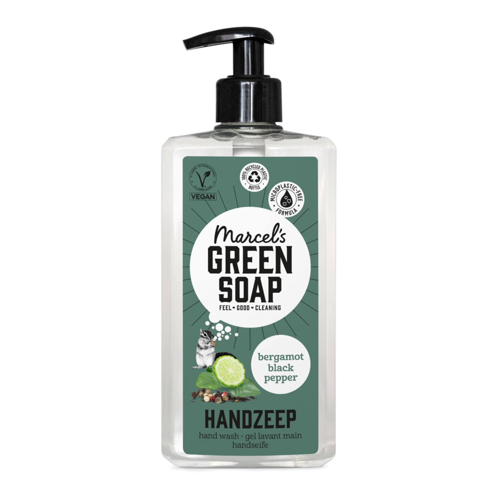 Marcel's Green Soap - Hand Soap Black Pepper & Bergamot - Handwash Dispenser - Microplastic-free formula - Vegan - 100% recycled plastic bottle - Refillable - 500 ml