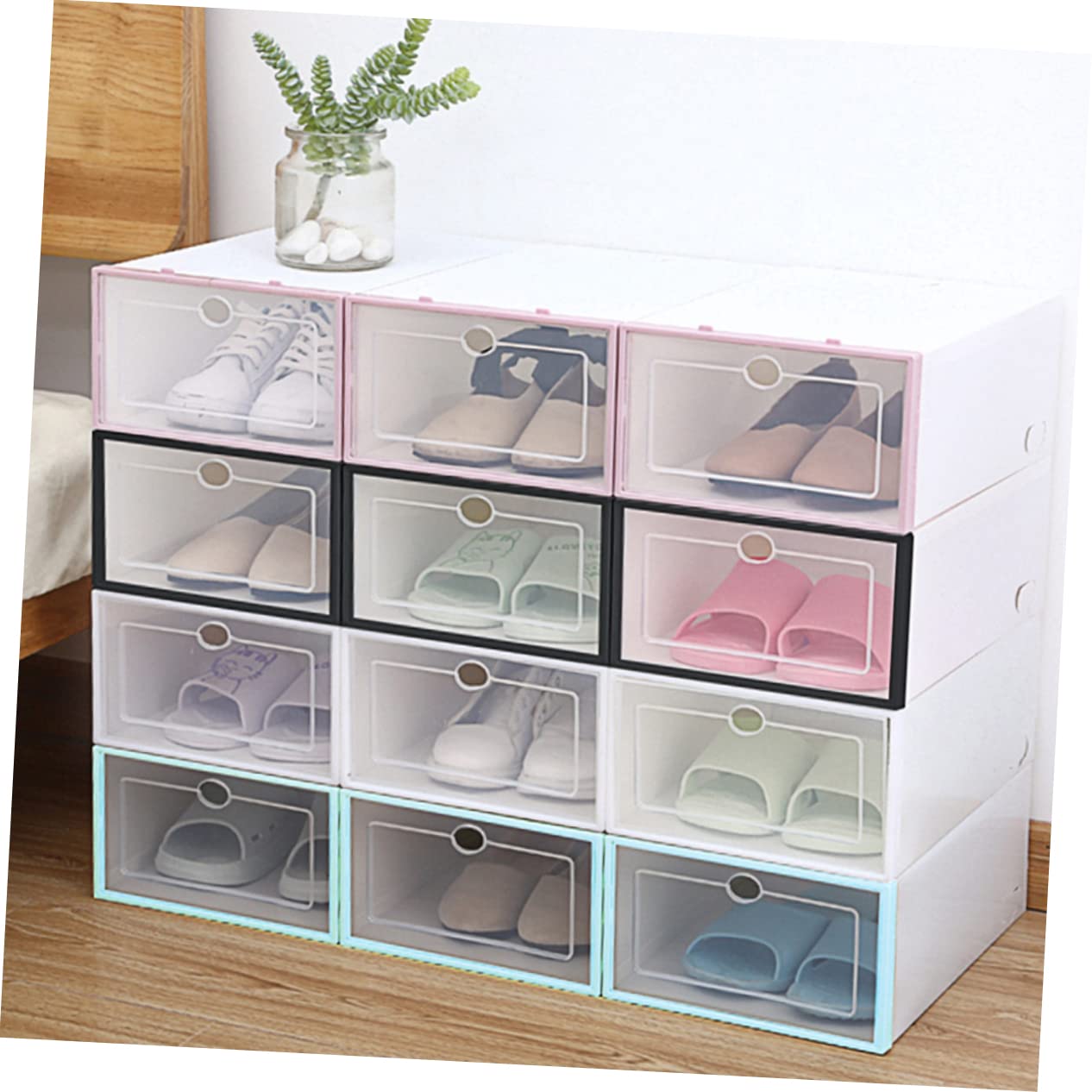 Cabilock 6Pcs Transparent Thickened Shoe Container Stackable Shoe Storage Bins for Organized Footwear Plastic Design for Closet and Entryway