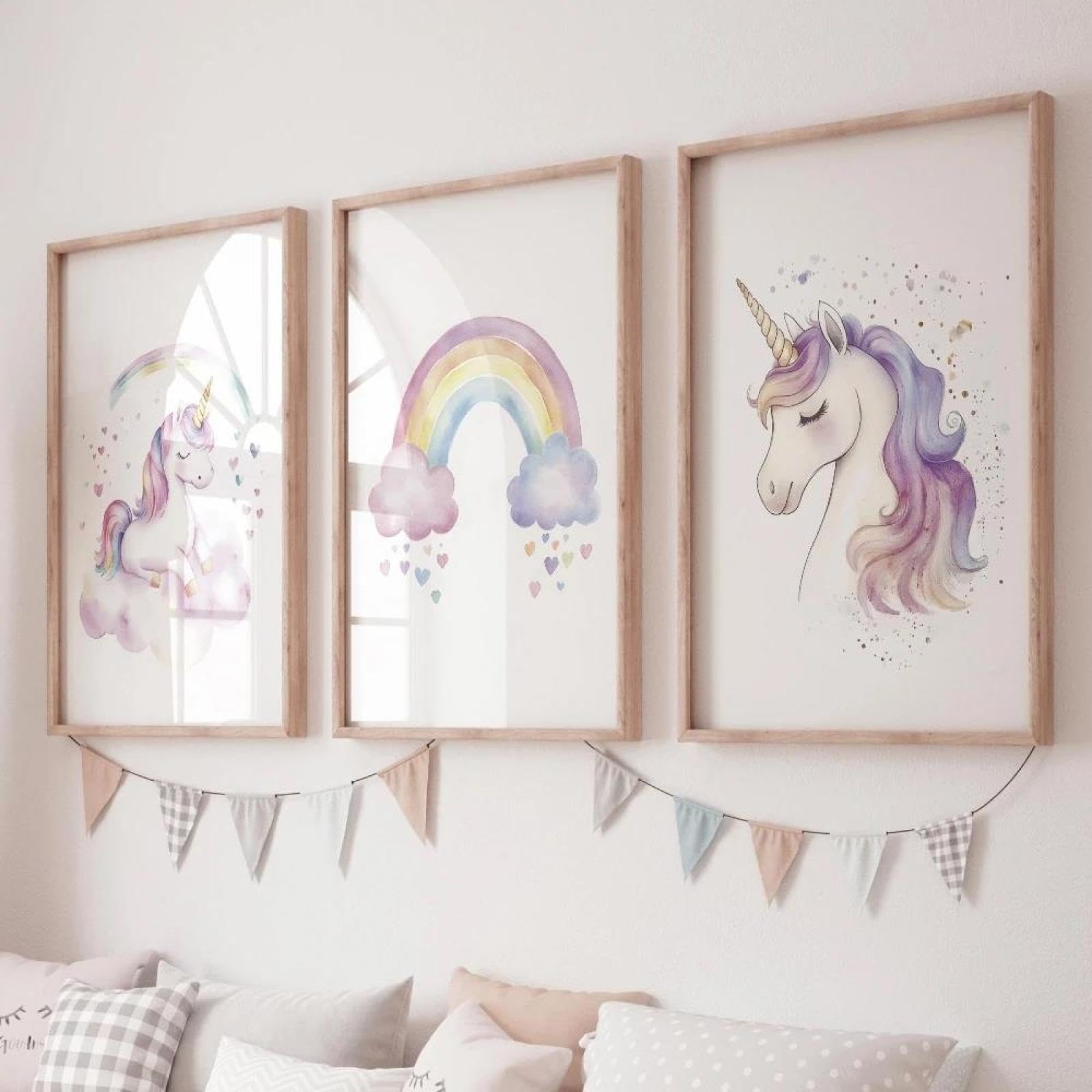Baibexing Cartoon Unicorn Nursery Art Set Pastel Rainbow Watercolor Prints Canvas Poster Prints Home Kindergarten Nursery Room Decoration 60X80Cmx3Pcs Unframed