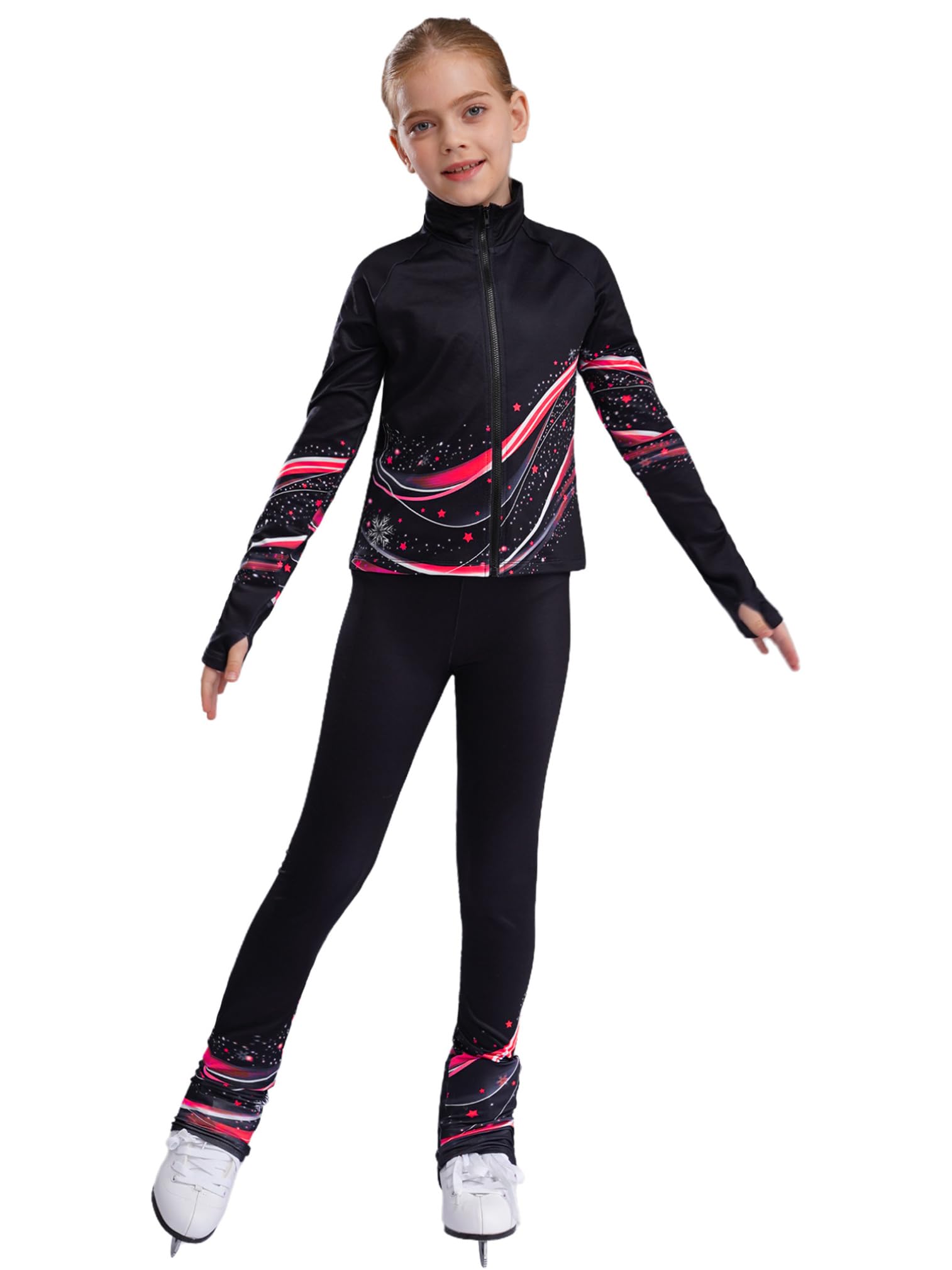 ranrann Ensemble Patinage Artistique Fille Veste Chaud Polaire avec Pantalon Collant Legging Tenue Patinage sur Glace Sport A Rouge 13-14 ans