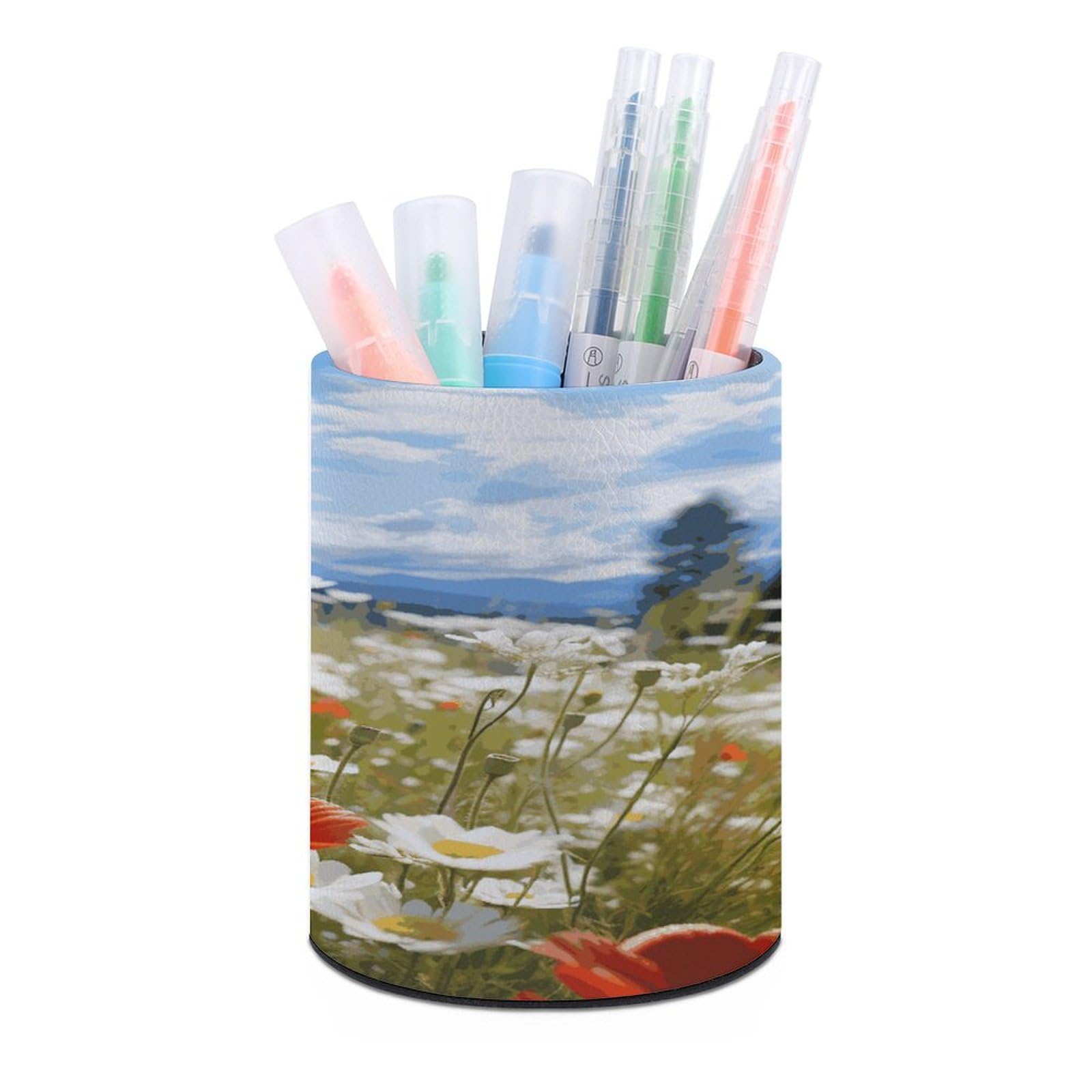 FekiLoot Meadow And Daisy Flowers Pen Holder Personalized Desktop Pencil Holders Case Office Accessories Container Box for Round Pen Cup Desktop Organizer Makeup Brush Holder Caddy Storage