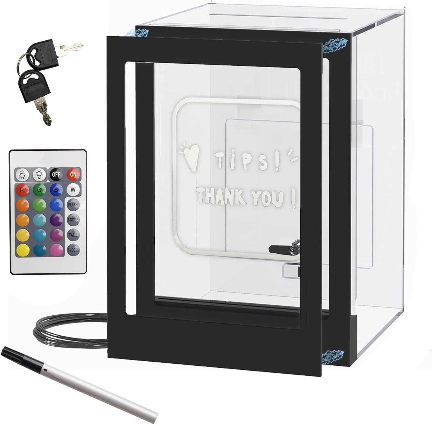 18-Color LED Acrylic Tip Jar for Bartender with Remote Control, Lockable Cash Slot & Customizable Magnetic Sign(5.9"x5.9"x8.8") – USB-Powered Donation Box for Restaurants, Bars, Charity Events