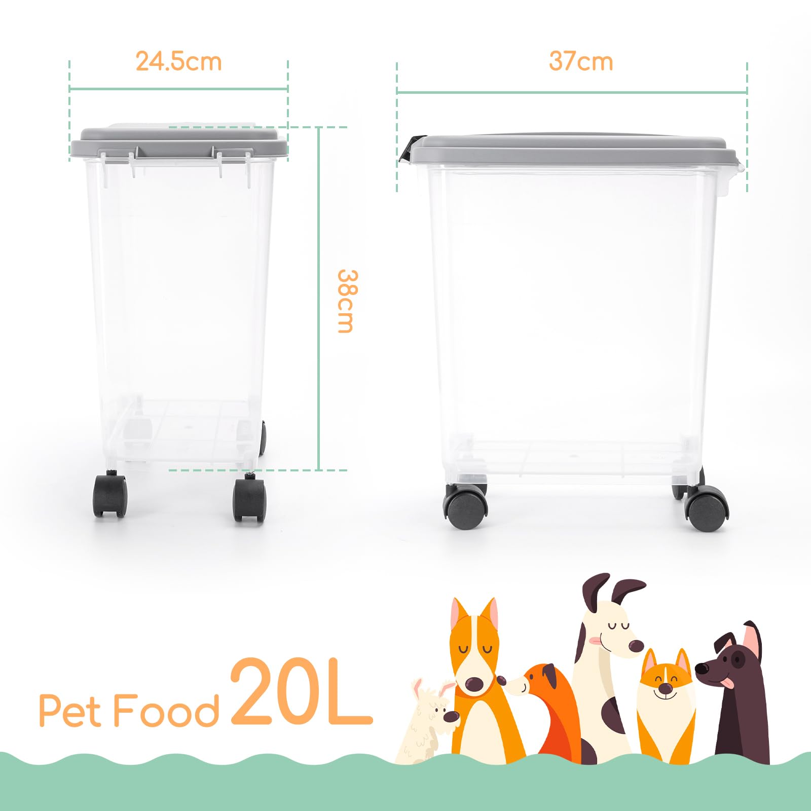 Nobleza - Contenedor de Comida para Mascotas 20L， Mascotas Caja de Alimentos con Ruedas Contenedor， Tapa abatible， hermética， Transparente， Ruedas y Pala， para Comida para Perros y Gatos， Gris