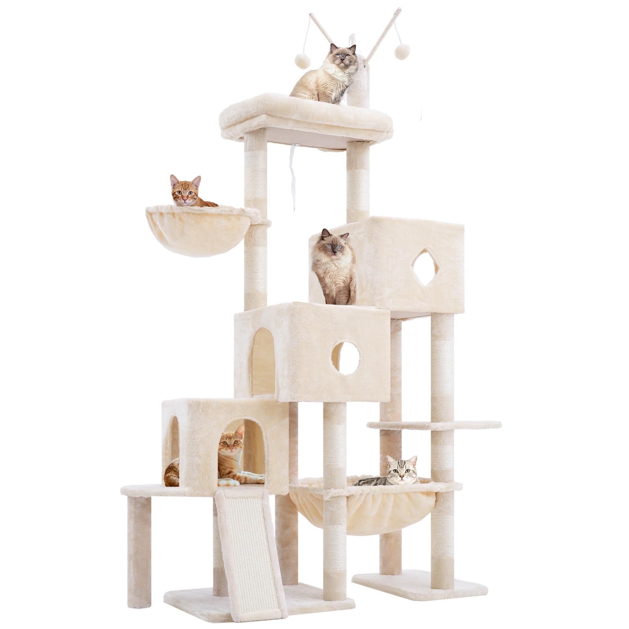 Hey-brother Kratzbaum, Stufiger Katzenbaum für Großkatze, mit 3 Katzenbetten, großer Hängematte, liegefläche und Sisalkratzbrett – großes internes Katzenmöbel, 160 cm hoch, Beige EMPJ081M