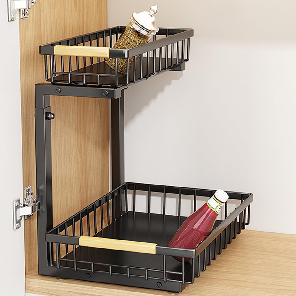 L-Shaped Under Sink Organizer 2 Tier Pull Out Slide Cabinet Shelf, Adjustable Height Steel Storage Shelves for Kitchen Bathroom Organization