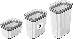 Ou, KTE048NT, Kit Potes Herméticos Retangulares 0.65L 1.5L e 2.3L Porta Mantimentos com Tampa, cor Natural, Poliestireno Silicone