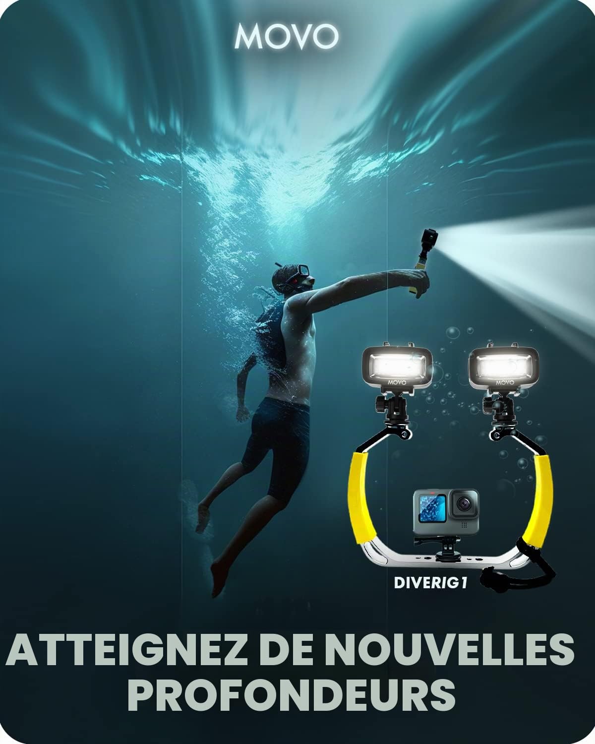 Movo DiveRig1 XL Kit de plongée avec lumières LED étanches – Compatible avec GoPro Hero, Hero5, Hero6, Hero7, Hero8, Hero9, Hero10 et DJI Osmo Action Cam – Accessoires de plongée pour caméra