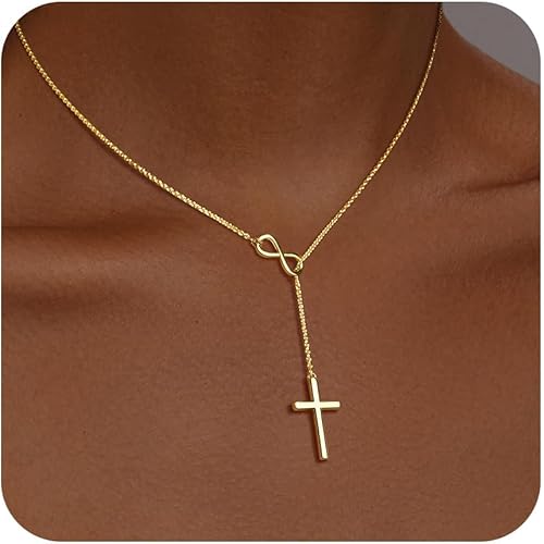 Cross Necklace for Women 14K Gold/Silver Plated Dainty Infinity Long Pendant Charm Necklace Trendy Non Tarnish Waterproof Jewelry Simple Religious Christian Baptism Faith Jewelry Gifts
