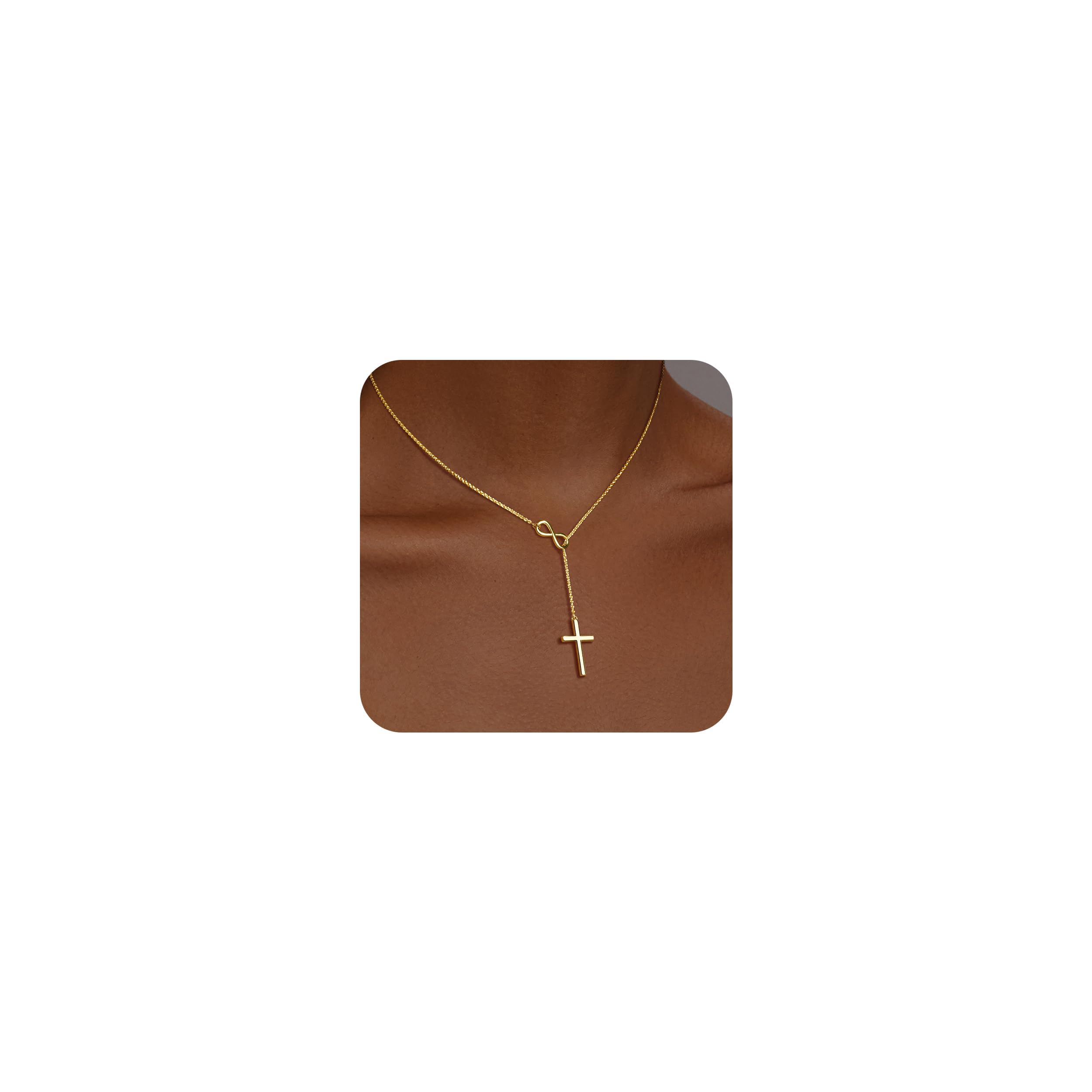 PoxtexCross Necklace for Women 14K Gold/Silver Plated Dainty Infinity Long Pendant Charm Necklace Trendy Non Tarnish Waterproof Jewelry Simple Religious Christian Baptism Faith Jewelry Gifts