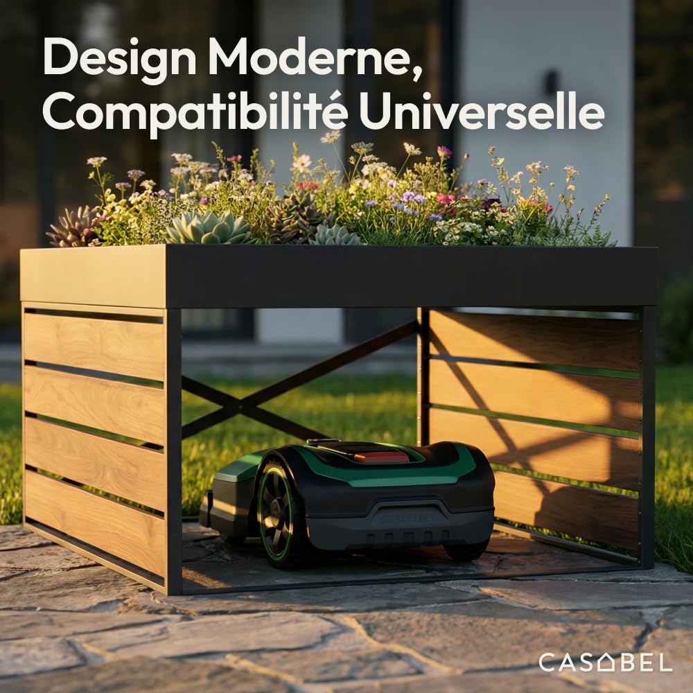 CASABEL Abri Robot Tondeuse en Acier Galvanisé, Toit Bac à Plantes | Protection contre les intempéries, Acier galvanisé robuste, Bac à plantes intégré, Abri universel, Effet bois, Montage facile