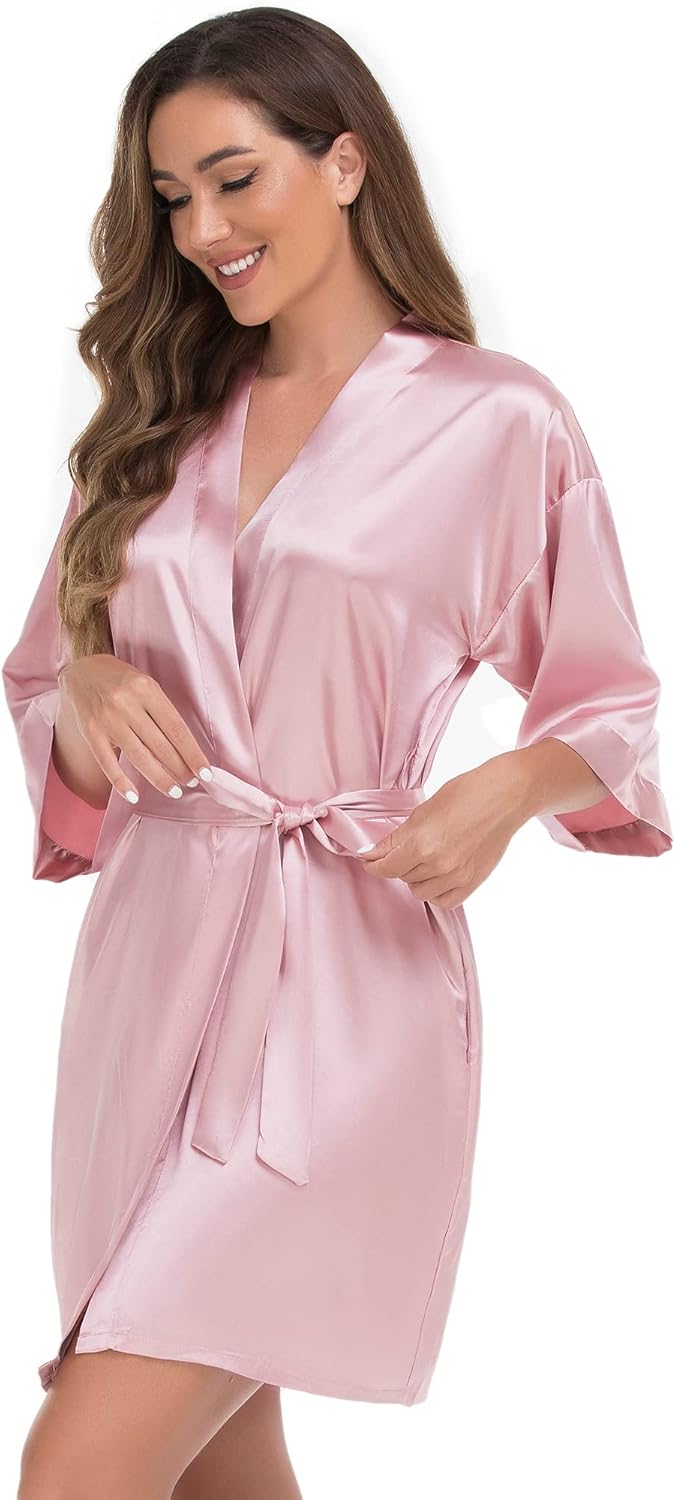 VOGUEMAX Women's Short Kimono Robe Silky Satin Bathrobe Bride Bridesmaids Getting Ready Sleepwear Soft Nightgown - Image 4