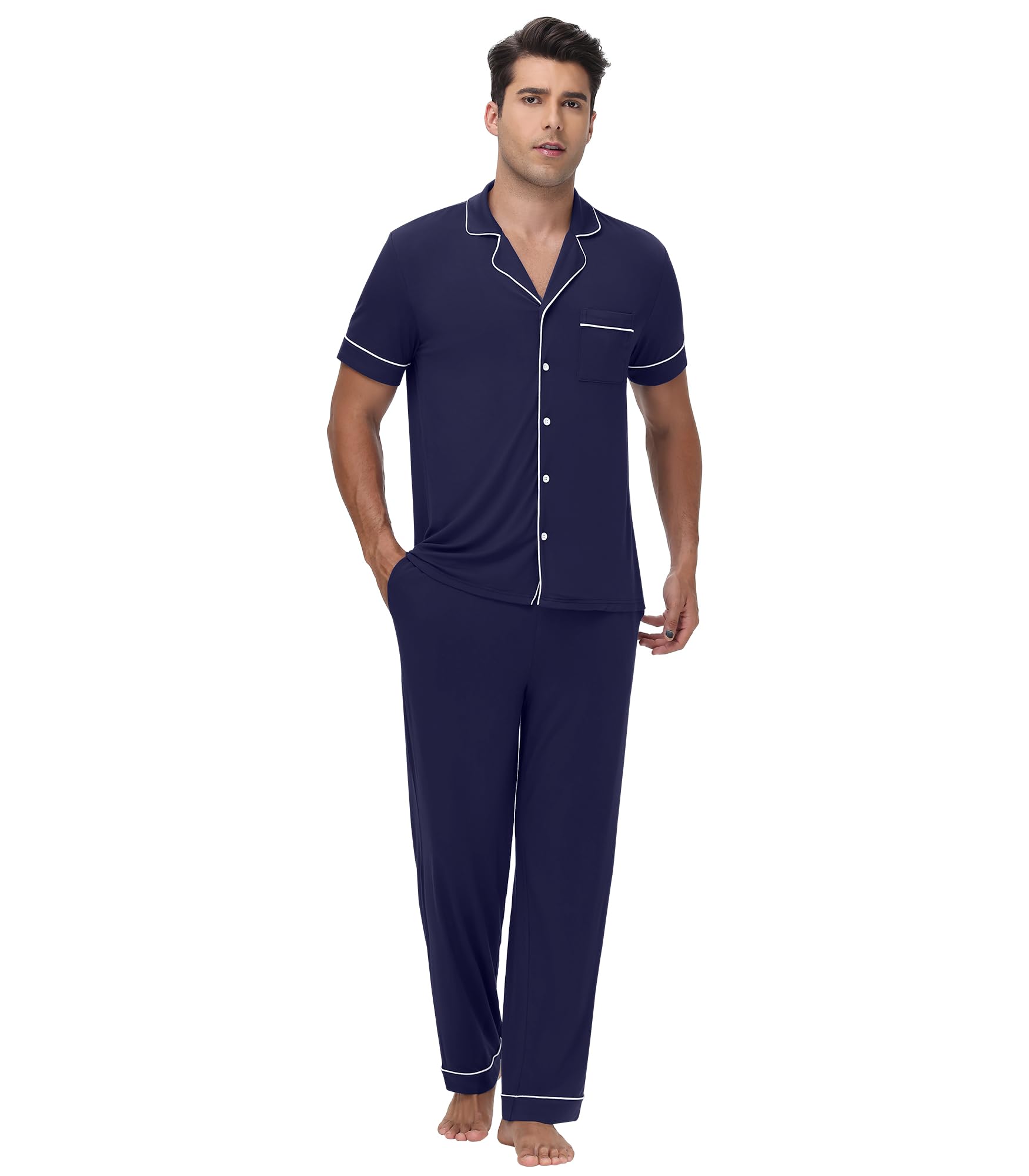 wiwi Bamboo Viscose Mens Pajamas Set Soft Button Down Cooling Sleepwear and Pants Knit Lounge PJs with Pockets S-XXL-picture-54