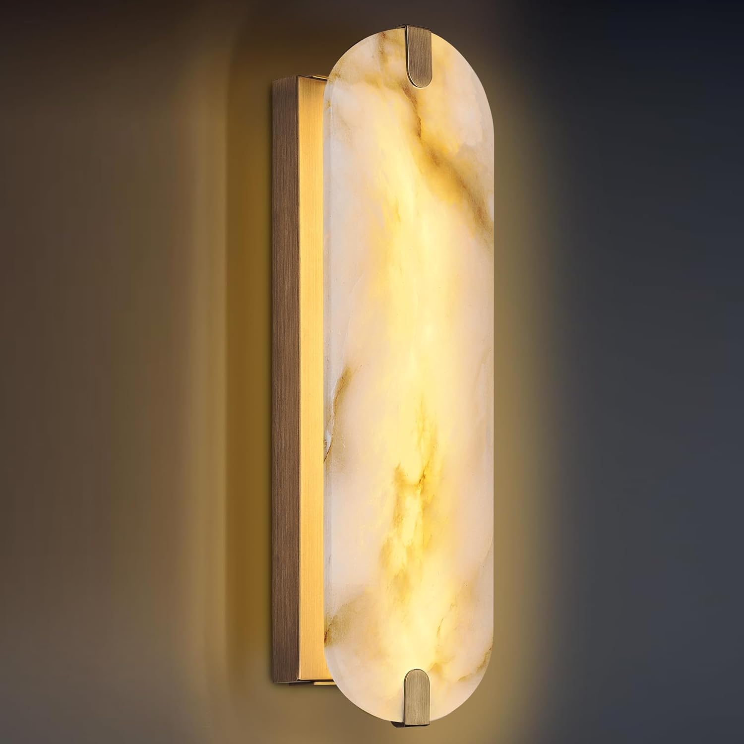 19in Alabaster Wall Sconces, Brass Natural Marble Wall Sconces,Modern Alabaster Wall Lighting for Living Room,Dining Room Stairs Bedroom