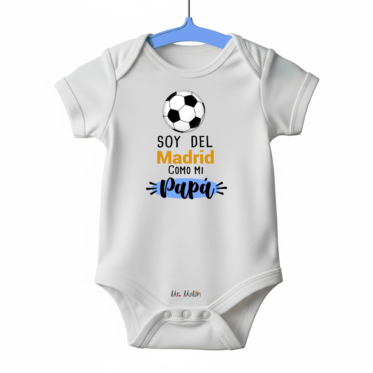 Body Bebé Fútbol Blanco Manga Larga y Manga Corta - Diseño 'Soy de Madrid como mi Papá' - Regalo Bebe Futbolista