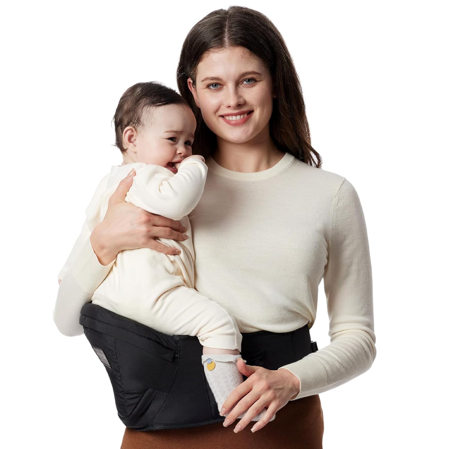 Momcozy CPC-Certified Baby Hip Carrier - Adjustable Waistband with Original 3D Belly Protector, Ergonomic Carrier with Various Pockets for Newborns & Toddlers up to 45lbs (Black, Medium)