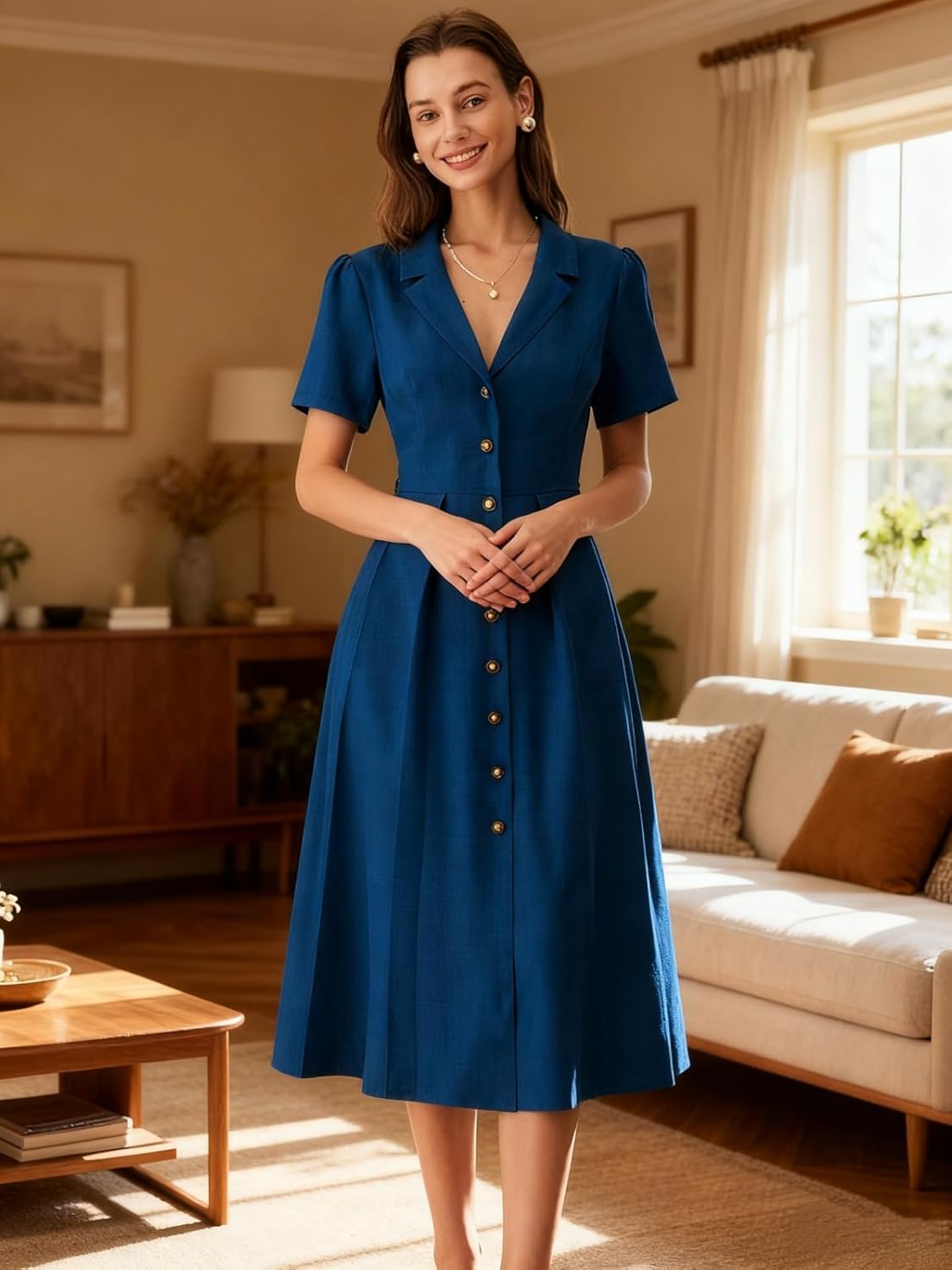 RIHOAS Casual Shirt Dress for Women - Spring Summer Short Sleeve Button Down/Up Pleated V Neck Maxi - Image 3