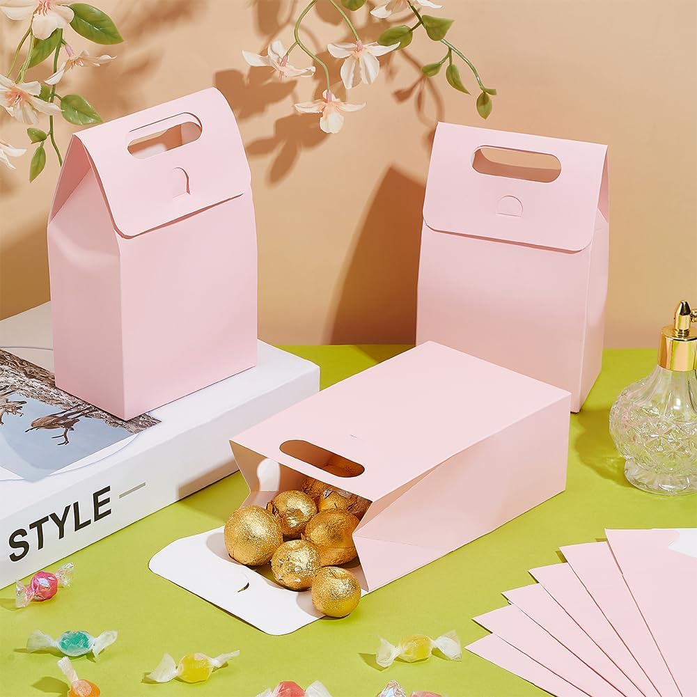 PH PandaHall 24 Pack Goodies Boxes Party Treat Boxes Pink Gift Boxes with Handles Goodies Favor Boxs Kraft Party Favor Boxes for Valentine Candy Cupcake Cookies 3.7x5.9x2.1 inch