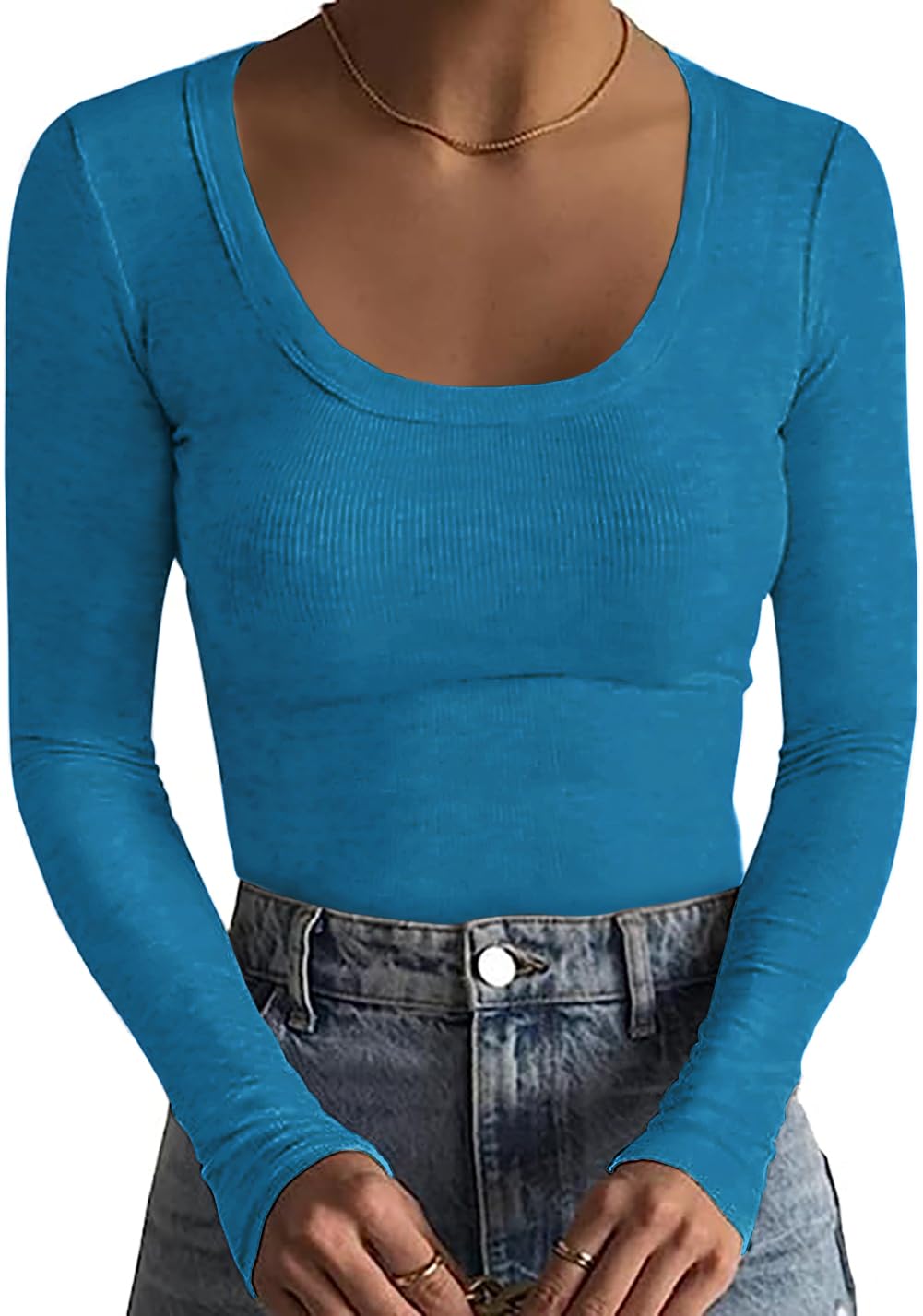 Basicspace Damen Gerippte Tops Schlank Hautfreundlich Basic T Shirt Einfarbig Tops Sexy Dehnbar Lässig Tief U Hals T Shirt Modisch Vielseitig Langarm Shirt
