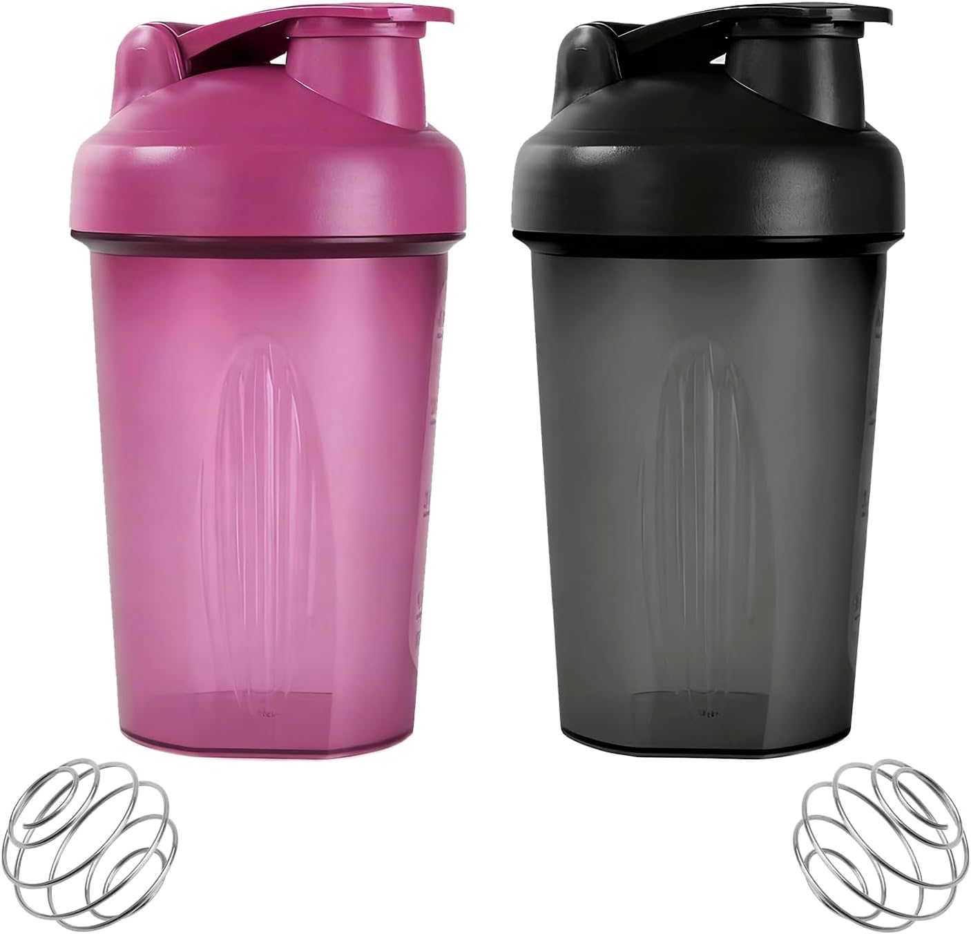 Protein & Supplement Shaker Bottle, 2 Pcs Protein Shaker Bottles with Stainless Steel Mixing Ball 400ml, Leakproof Flip On Lid Shake Cup for Men Women (Black, Purple)