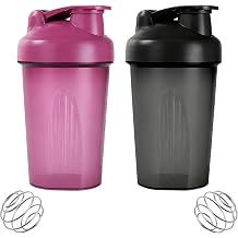Protein & Supplement Shaker Bottle, 2 Pcs Protein Shaker Bottles with Stainless Steel Mixing Ball 400ml, Leakproof Flip On Lid Shake Cup for Men Women Black, Purple