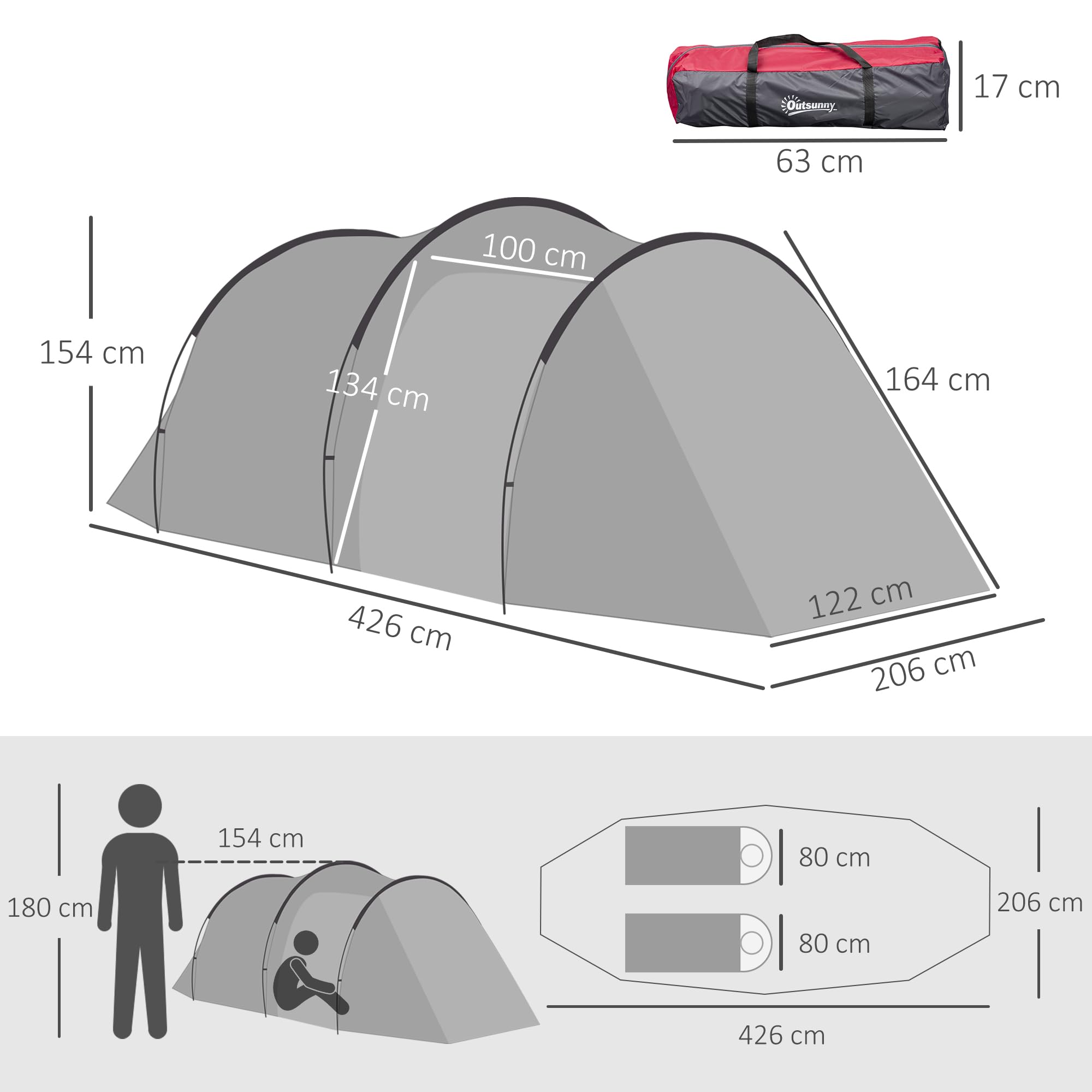 Outsunny Tienda de Campaña Familiar Tipo Túnel 2-3 Personas Plegable Impermeable 2000+ mm a Prueba de UV 20+ Ligero con Vestíbulo y 4 Estaciones para Camping Senderismo 426x206x154 cm