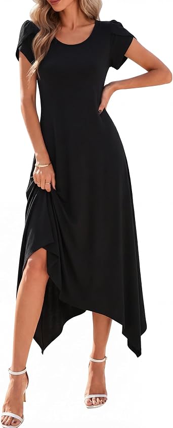 Pleneal Dresses for Women 2026 Casual Summer Maxi Dress Beach Sun Dress with Pockets Short Sleeve Long Vacation Dresses
