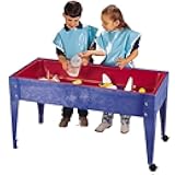 Constructive Playthings Indoor/Outdoor Sand and Water Activity Table for Kids Ages 1-3, Portable Classroom Play Table with Dry-Erase Top and 2 Side Trays, Blue/Red