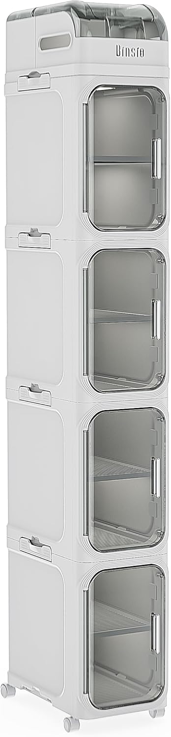 BINSIO 4-Tiers Toilet Paper Storage, Slim Bathroom Organizers and Storage, Bathroom Counter Organizer, Bathroom Organizer Storage Cabinet, Portable Laundry Room Organization, Plastic White Clear Doors