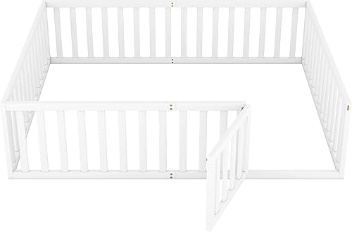 Miniatura 5 de Harper & Bright Designs Cama Montessori tamaño Queen con rieles, marco de cama de madera tamaño Queen con valla y puerta, para niños y niñas (blanco)