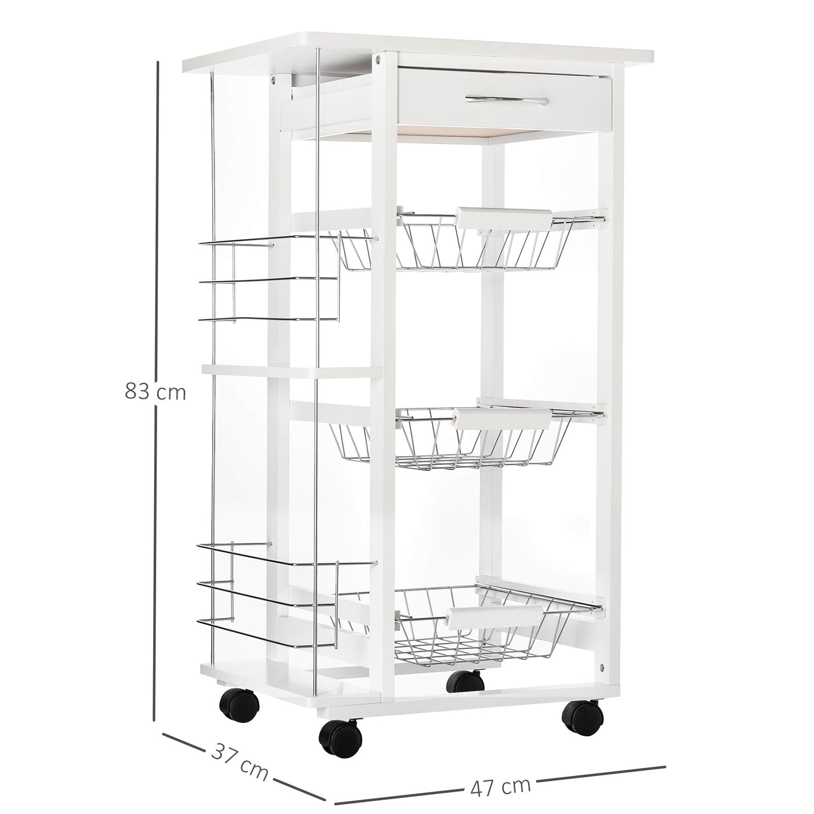 HOMCOM Carrello Isola da Cucina Salvaspazio in Legno di Pino, Carrello Portavivande con 4 Ruote Cassetto 3 Cesti Estraibili Portafrutta, Bianco