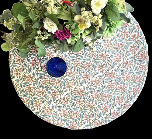ATOSII Cotton Blockprint Round Tablecloth, Kalina, 90 Inches