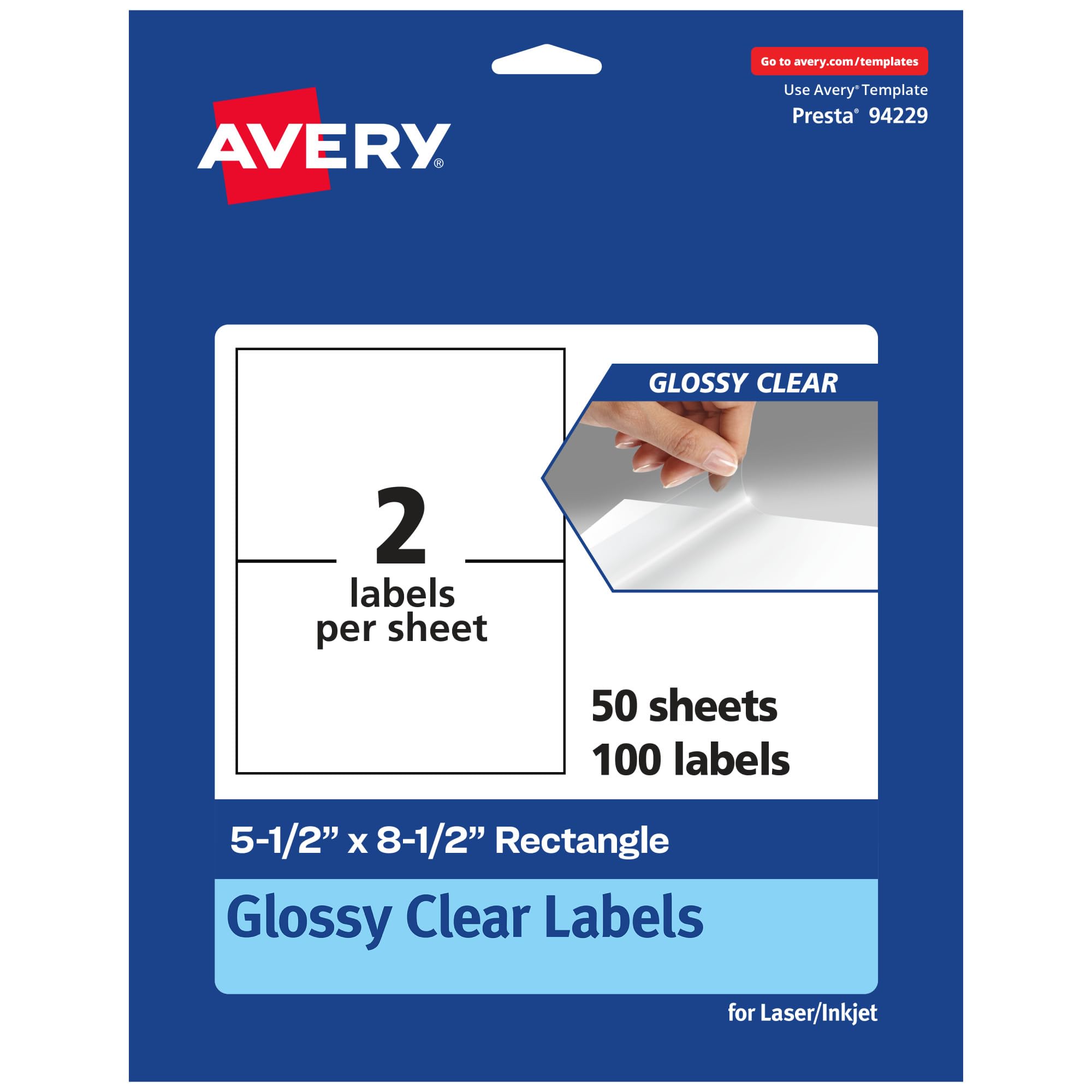 Avery Etichette rettangolari trasparenti lucide, 14 x 21,6 cm, 100 etichette trasparenti lucide, stampabili a laser/a getto d'inchiostro, ideali per merchandising di prodotti, matrimoni e spedizioni