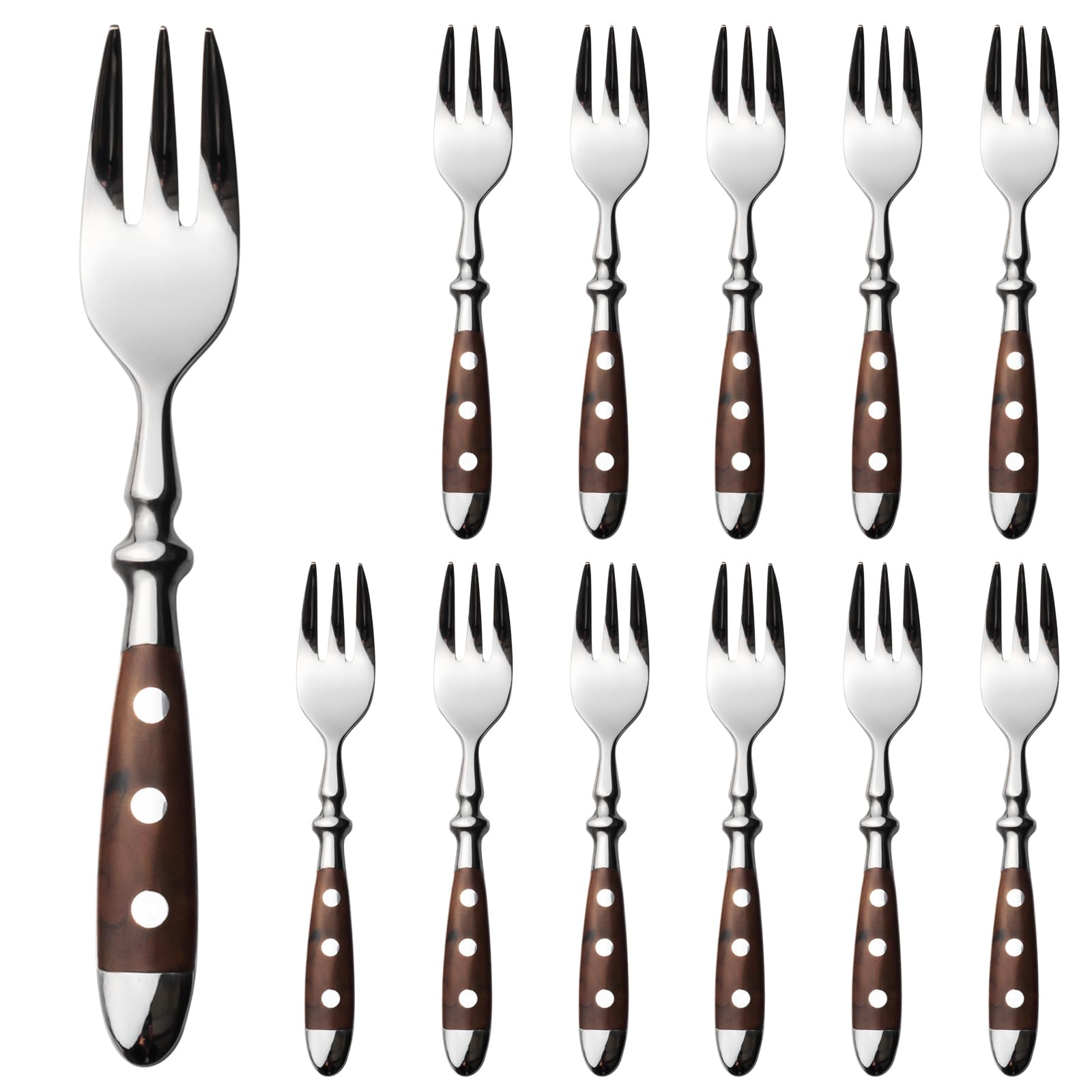 Alata Juego de 12 tenedores de postre, de acero inoxidable, pequeños tenedores pulidos, mangos marrones, tenedores de postre, tenedores de fruta para casa, restaurante, festival al aire libre, novios,