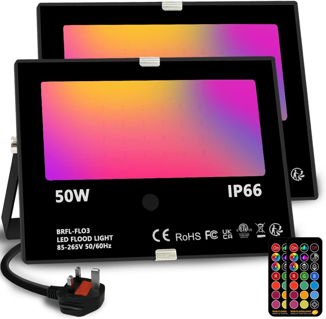 Bhochy LED Floodlight Outdoor 50W, Colour Changing Flood Lights with Remote Control, Timing, 4 Modes, IP66 Waterproof, UK 3-Plug，2 Pack