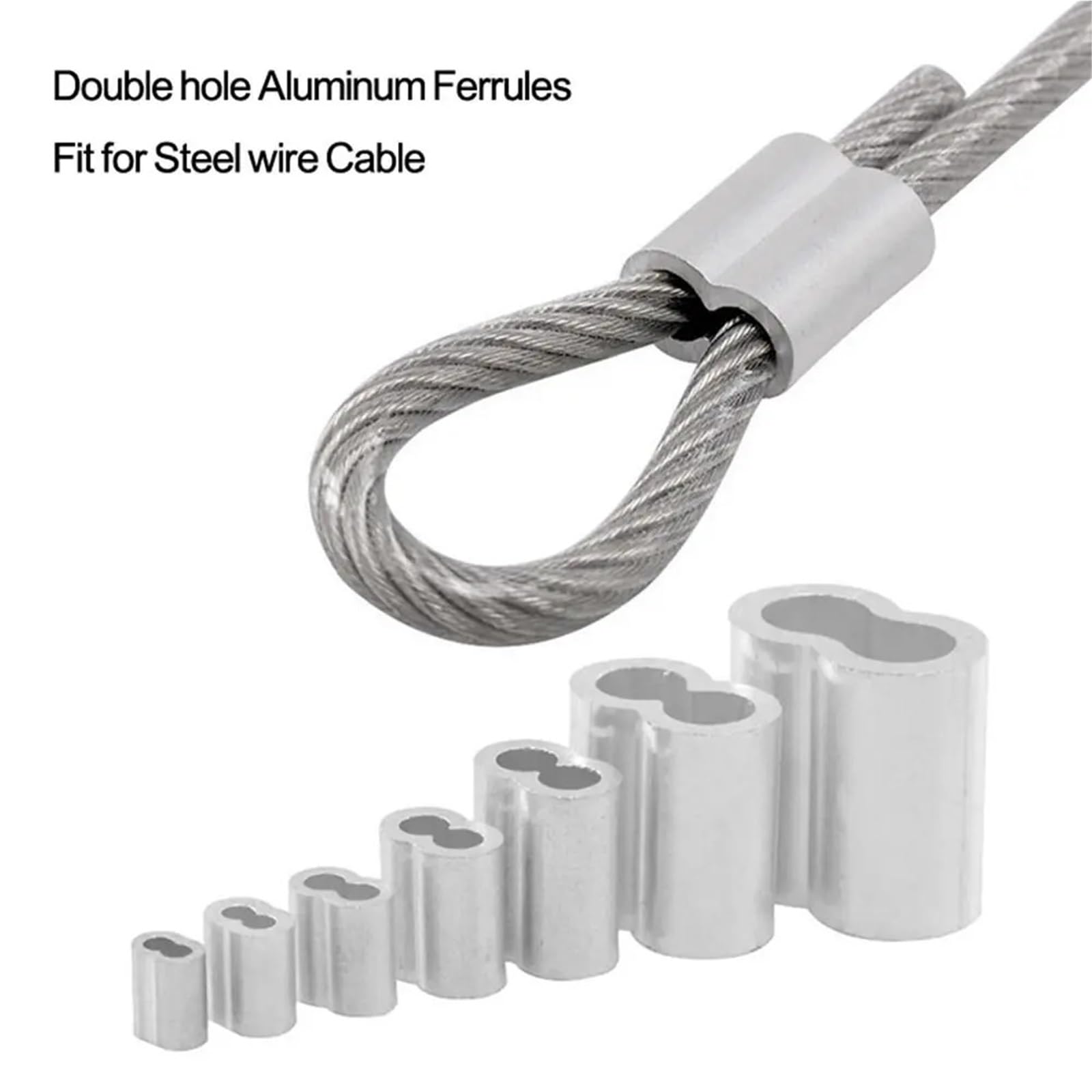Puntali, Manicotti a crimpare for cavi 200 pz Clip di fissaggio for fune in acciaio Puntali in alluminio a doppio foro a 8 forme