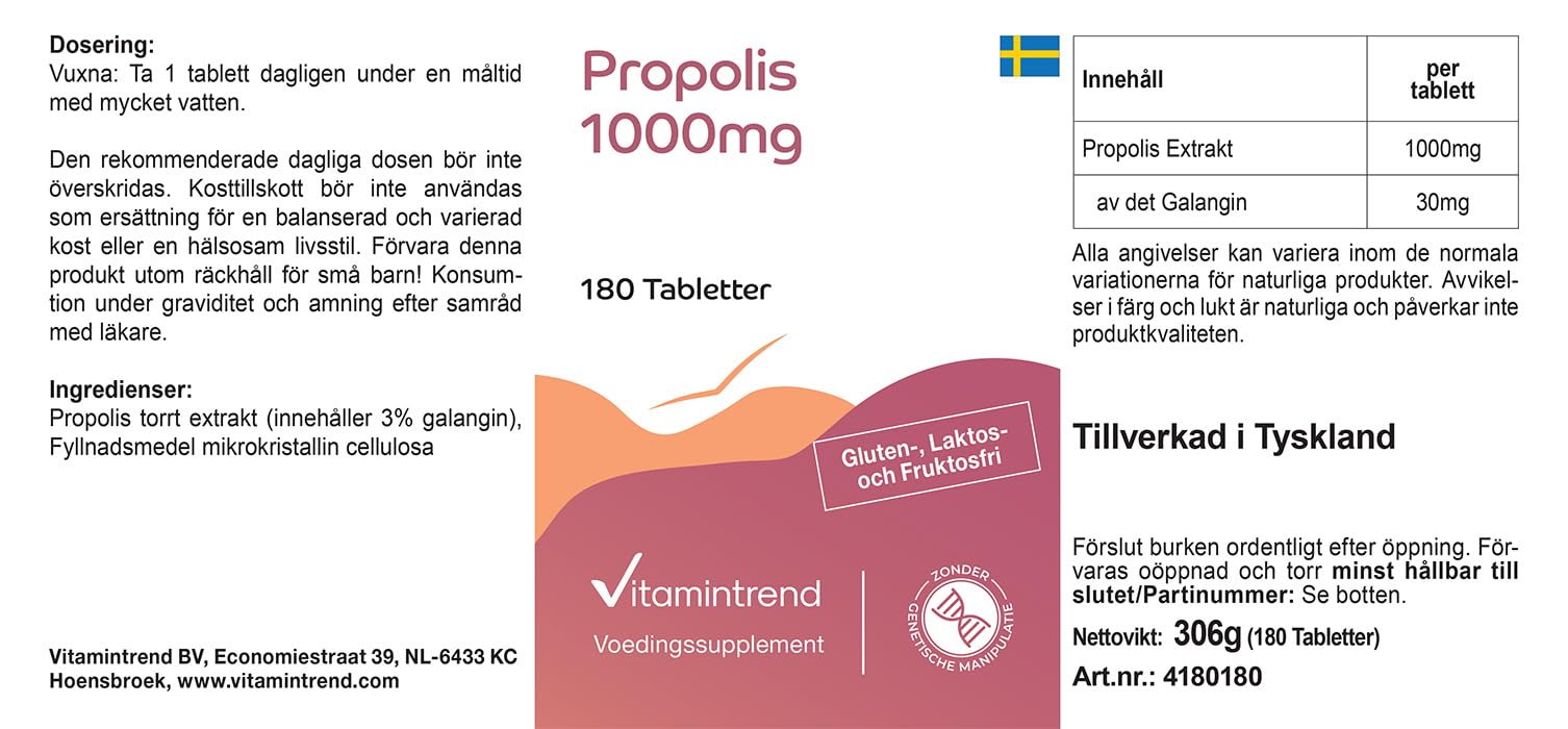 Vitamintrend Extrait de propolis 1000 mg, 180 comprimés, hautement dosé, complément alimentaire sans stéarate de magnésium, fabriqué en Allemagne