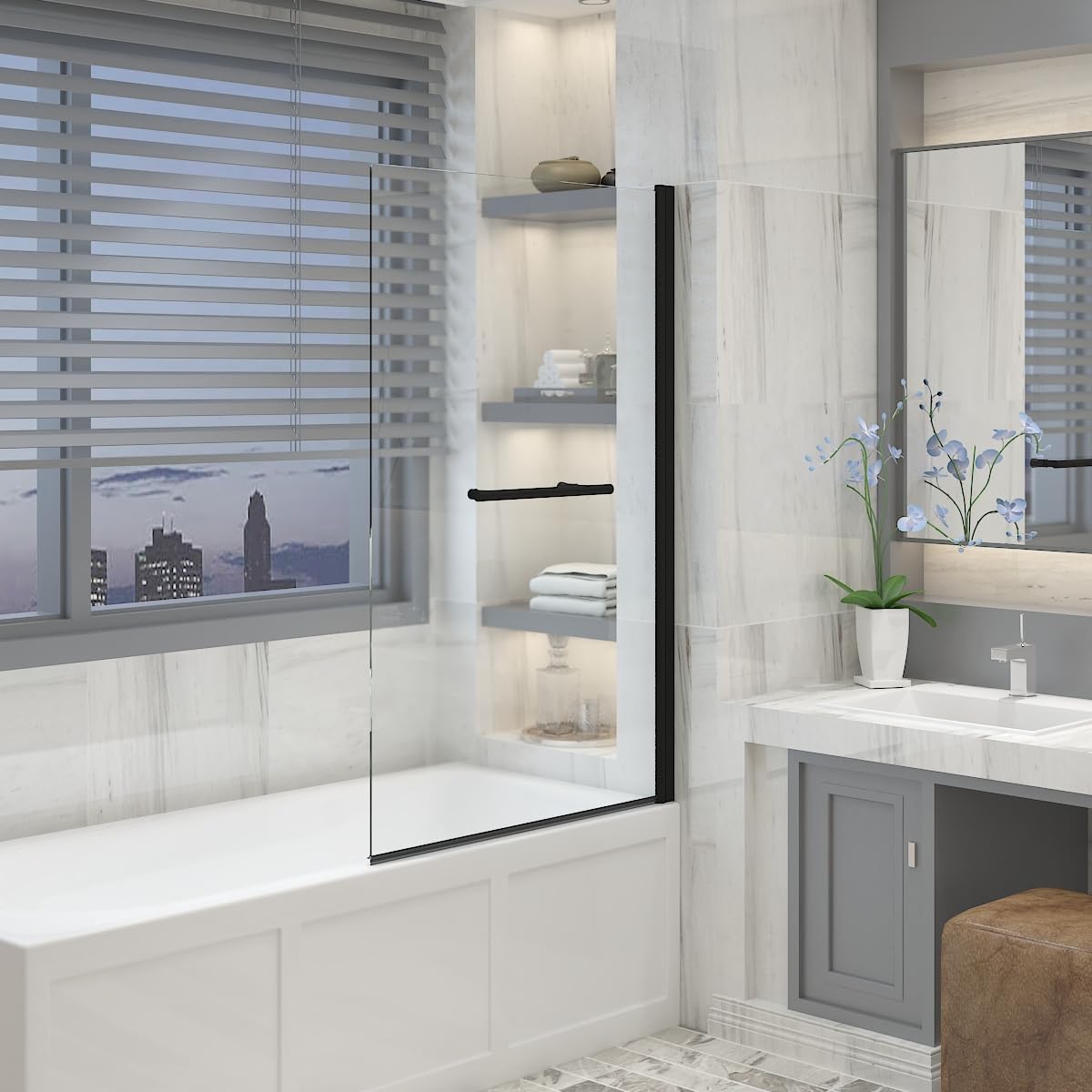 Aquariss Black 800 x 1400mm Square Over Bath Shower Screen Pivot Tempered Glass Reversible Door Panel with Towel Rail Aluminium Frame