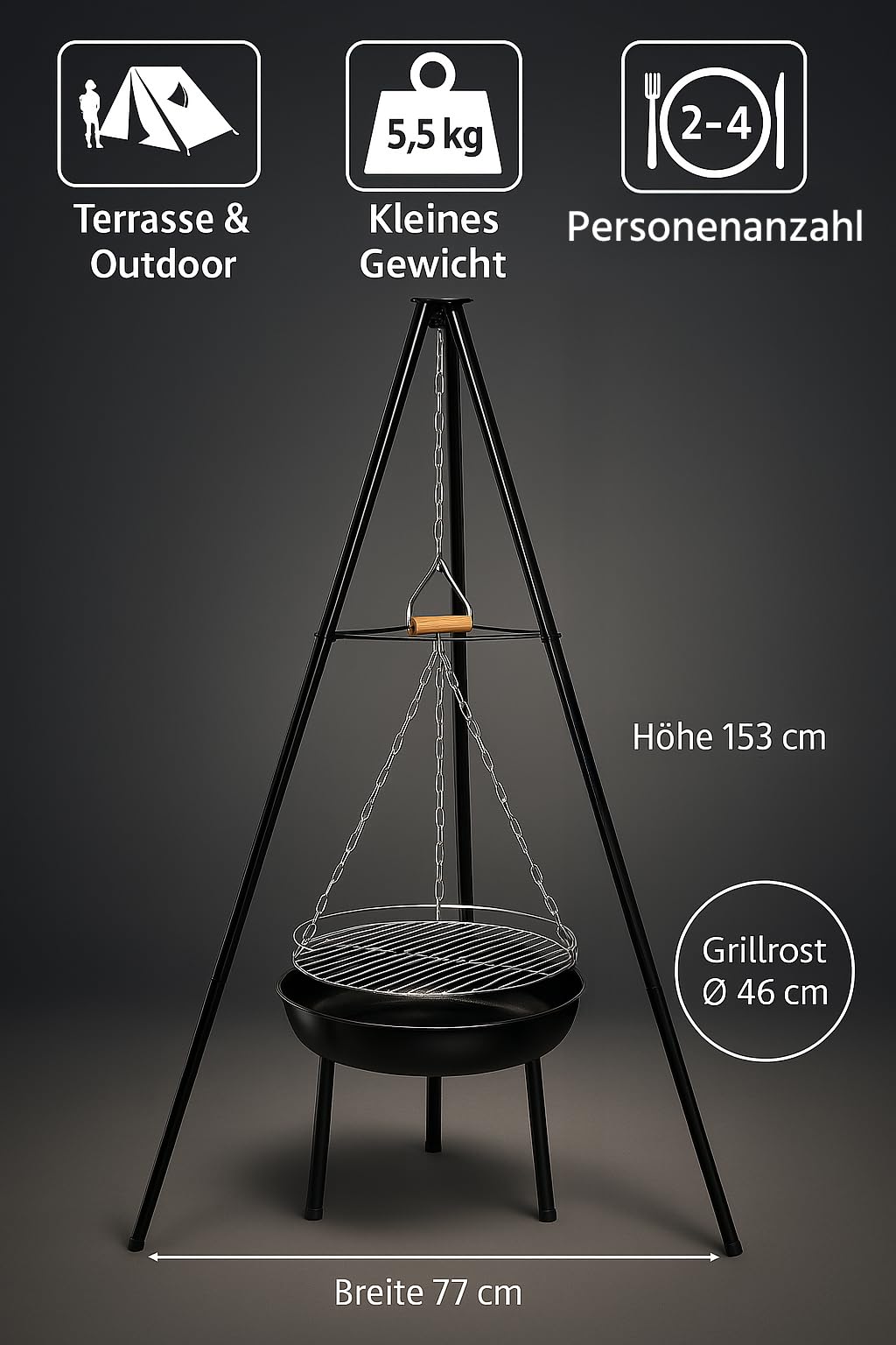 ACTIVA Schwenkgrill Indiana I Premium Feuerschale mit Grillrost inkl. hochwertigem & verchromtem Grillrost I Robuster Schwenkgrill mit Feuerschale