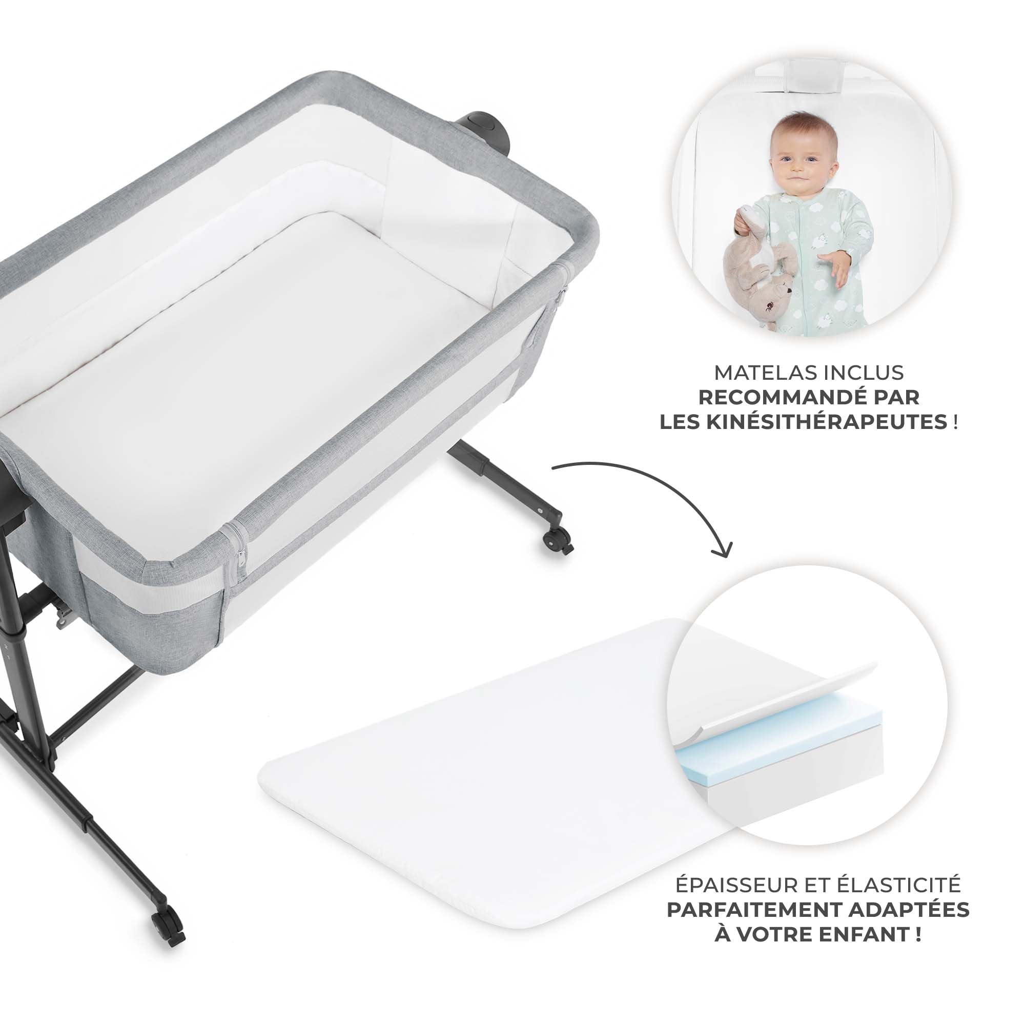 Kinderkraft NESTEE UP 2 Lit bébé cododo, Lit Bebe avec Matelas de la Naissance, Réglage de la Hauteur, Facile Adapter au lit du Parent, Pieds réglables, Gris Clair