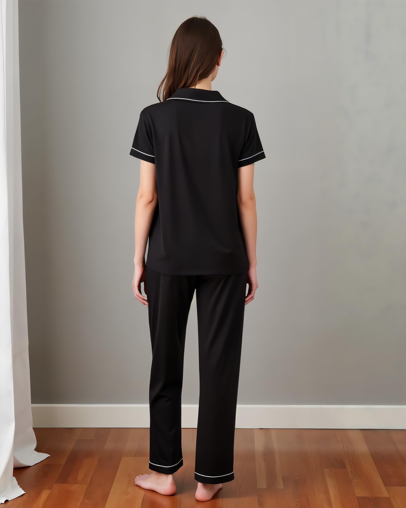 BORN Womens Button Down Pajama Set, Short Sleeve PJ Set with Pants | Soft & Breathable (Black, Medium)