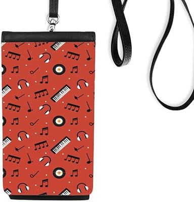 Black Record and Music Notes Red Phone Wallet Purse Smartphone Hanging Faux Leather Black