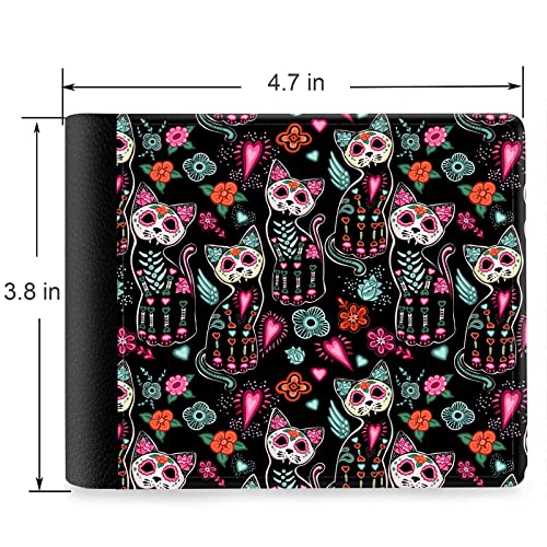 (Day Of The Dead Cat Skeleton Sugar Skull Front Pocket Slim Bifold Leather Wallet RFID Blocking with ID Window for Men2