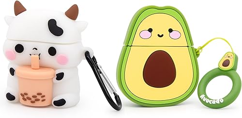 Paquete de 2 fundas para Airpods de aguacate, boba Tea Cow Airpods 2, divertidos dibujos animados 3D de silicona suave, protección completa, fundas